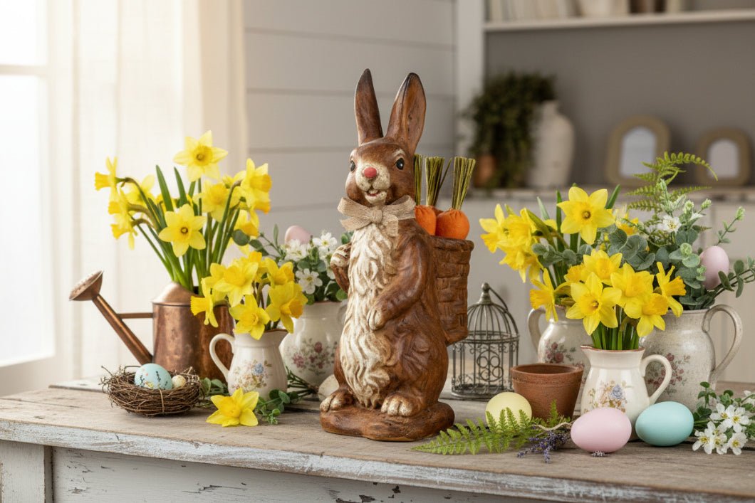 Primitive Ragon House Spring Easter 14.75" Brown Bunny w/ Carrot Basket - The Primitive Pineapple Collection