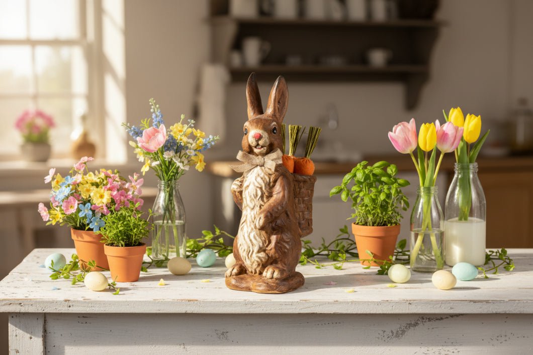 Primitive Ragon House Spring Easter 14.75" Brown Bunny w/ Carrot Basket - The Primitive Pineapple Collection