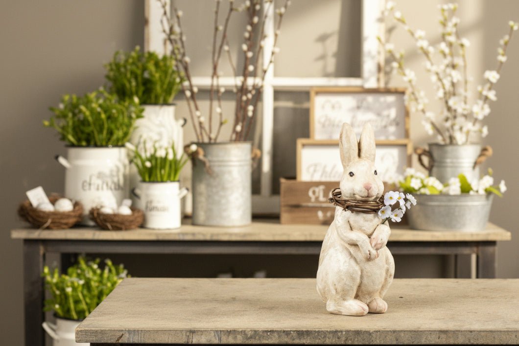 Primitive Ragon House Spring Easter 10.5" Cream Bunny Bunny w/ Grapevine Wreath - The Primitive Pineapple Collection