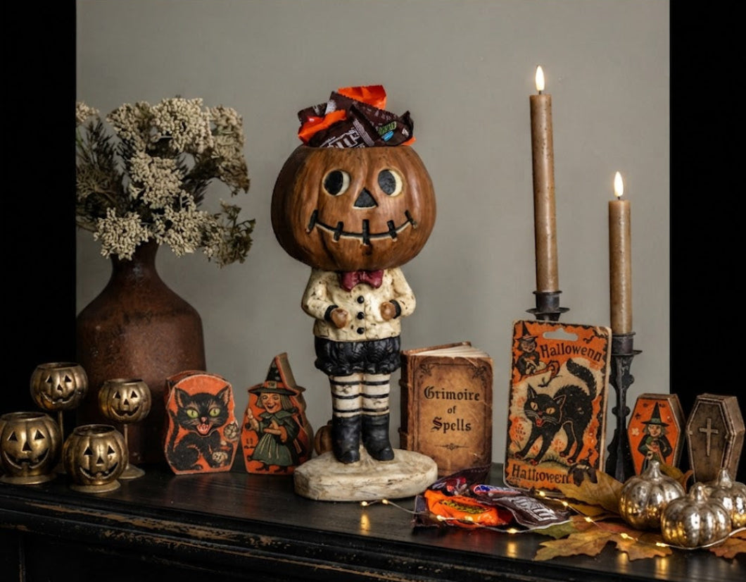 Ragon House Halloween Vintage Look 14" Pumpkin Boy w/ Striped Leggings Candy Dish