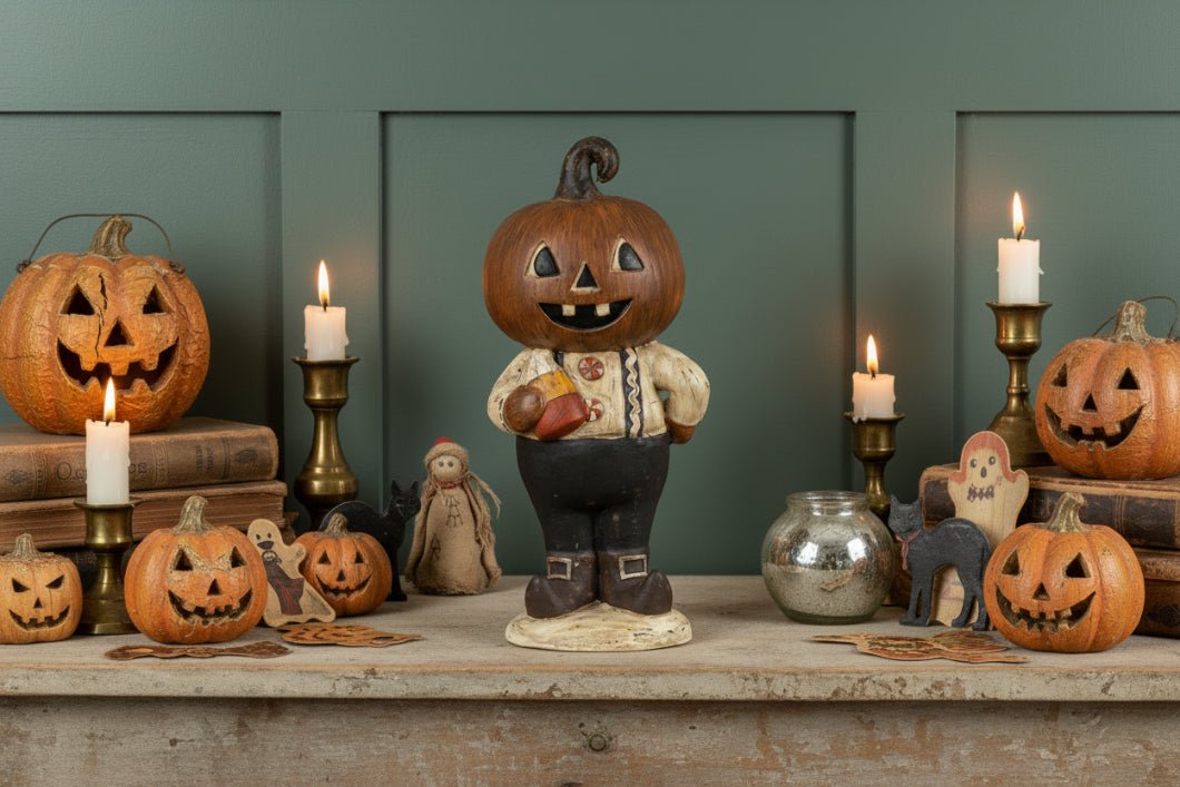 Ragon House Halloween Vintage Look 14" Pumpkin Kid w/ Candy Corn Figurine - The Primitive Pineapple Collection