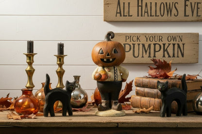 Ragon House Halloween Vintage Look 14" Pumpkin Kid w/ Candy Corn Figurine - The Primitive Pineapple Collection
