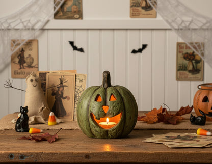 Ragon House Mache 5.5" Olive Green Big Mouth Pumpkin Jack O Lantern Halloween