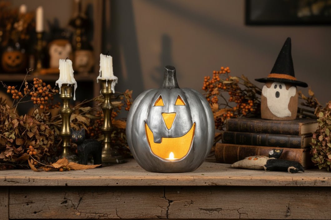 Ragon House Mache 11.5" Silver Big Mouth Pumpkin Jack O Lantern Halloween - The Primitive Pineapple Collection