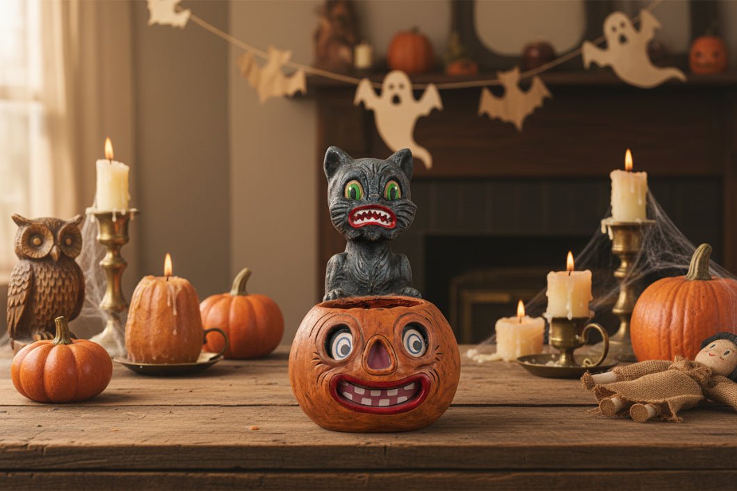 Ragon House Halloween Vintage Look 11"Crazy Cat w/ Jack O Lantern Candy Container - The Primitive Pineapple Collection