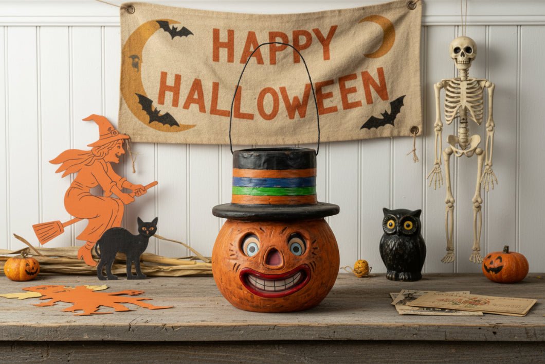 Ragon House Halloween Vintage Look 10.25" Jack O Lantern with Hat Candy Container - The Primitive Pineapple Collection