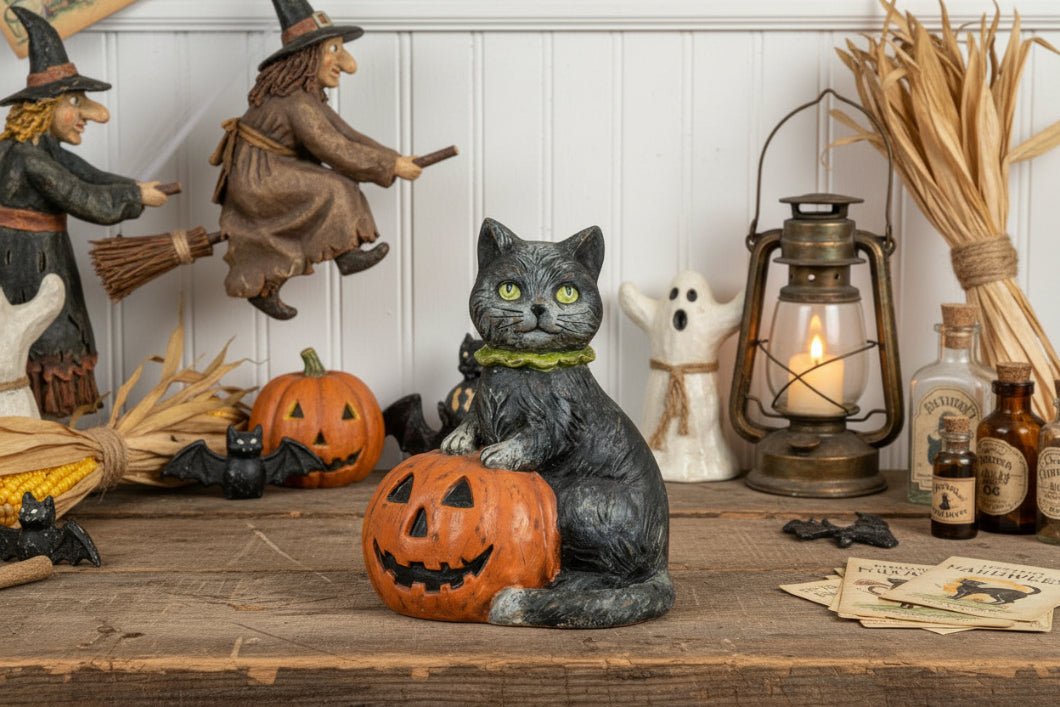 Ragon House Halloween Vintage Look 9.25" Black Cat w/ Jack O Lantern Figurine - The Primitive Pineapple Collection
