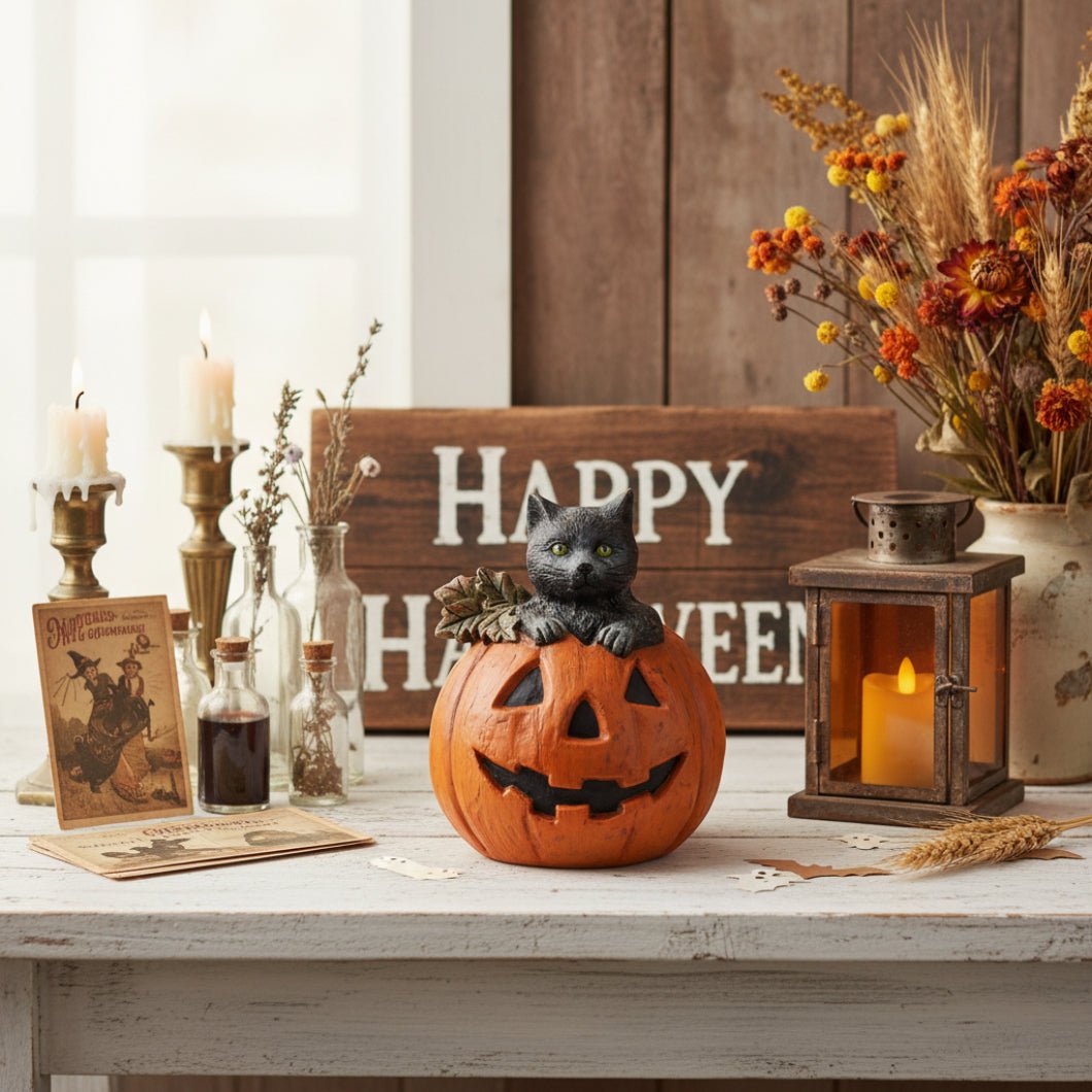 Ragon House Halloween Vintage Look 8.75" Black Cat in Jack O Lantern Figurine - The Primitive Pineapple Collection