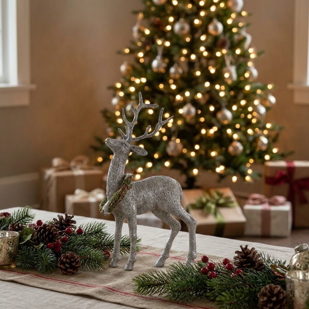 Ragon House 11" Glittered Reindeer with Wreath - The Primitive Pineapple Collection