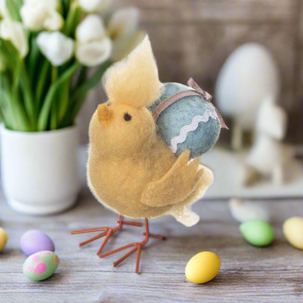 Primitive Farmhouse Spring 3.5” Felt Chick with Egg Figurine - The Primitive Pineapple Collection