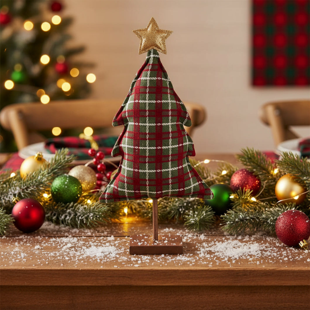 Farmhouse Christmas 18" Green &amp; Red Plaid Fabric Tree