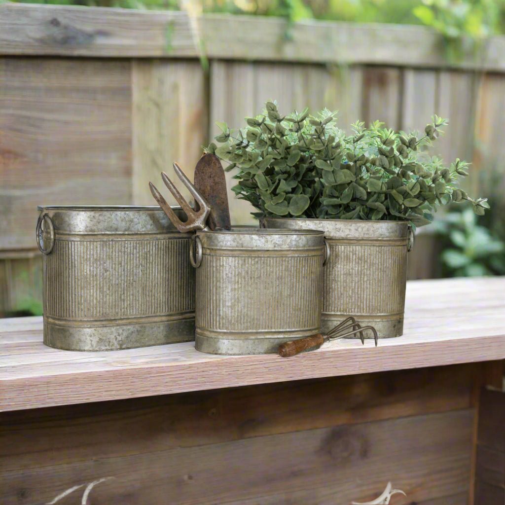 Primitive Ragon House 3 pc Vintage Look Metal Striped Troughs - The Primitive Pineapple Collection