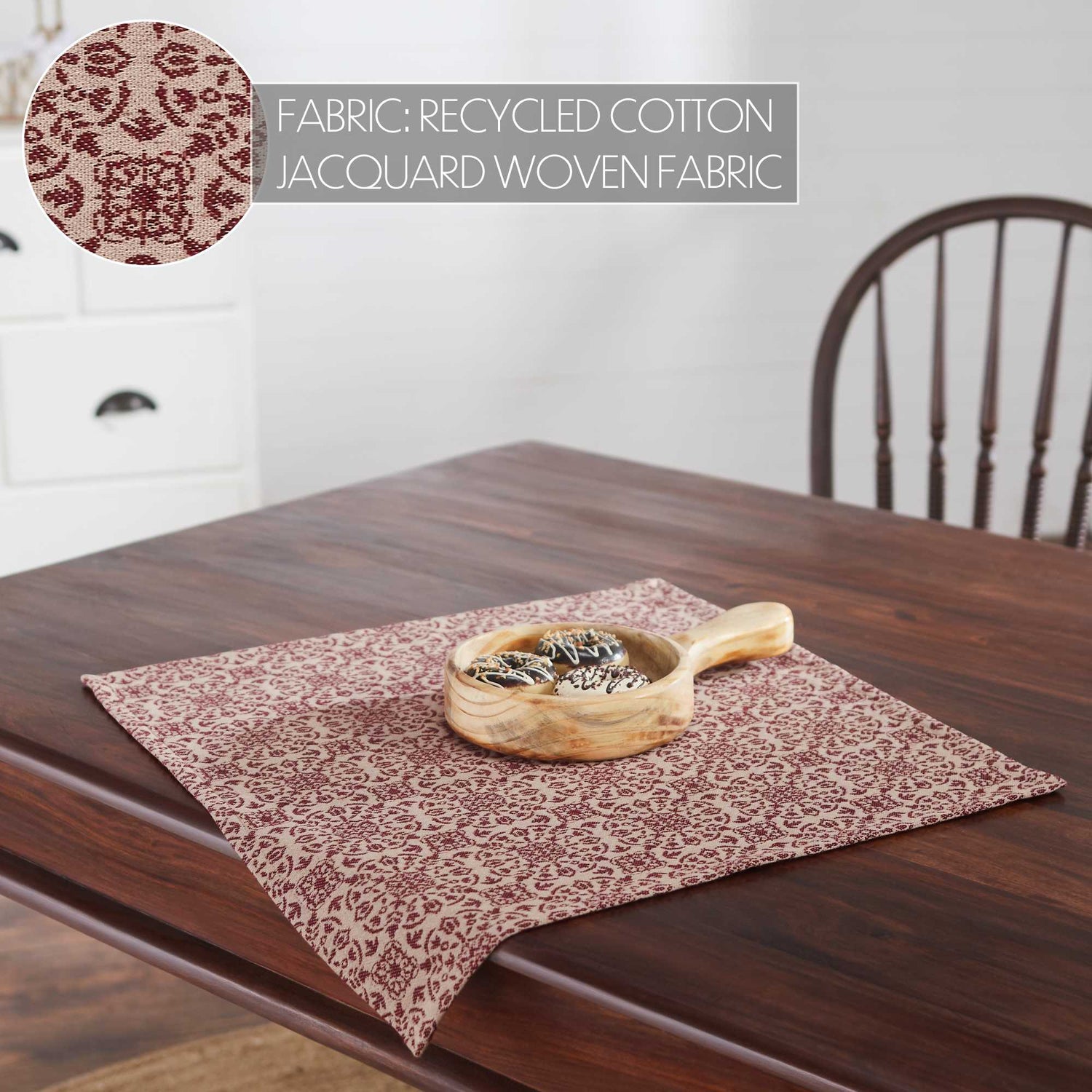 Farmhouse Burgundy Tan Jacquard Table Topper 20x20 - The Primitive Pineapple Collection