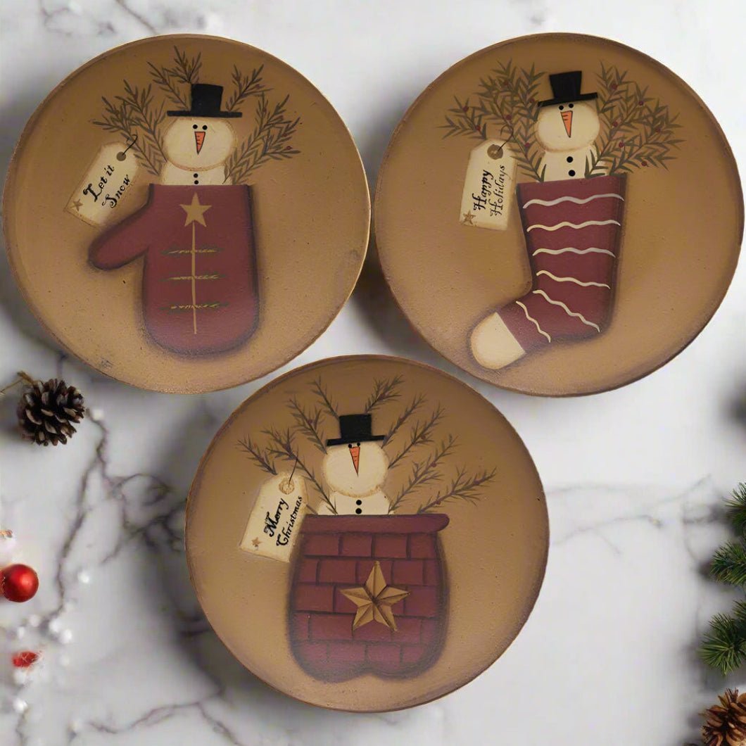 Primitive Christmas 6&quot; Folk Art Snowman Plate 3 Designs - The Primitive Pineapple Collection
