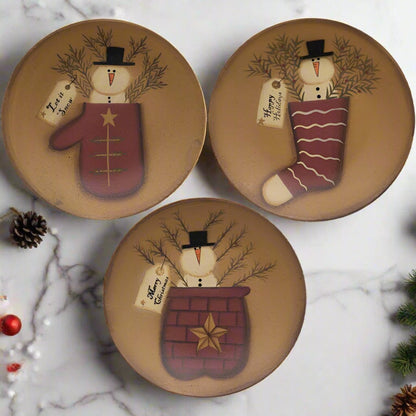 Primitive Christmas 6&quot; Folk Art Snowman Plate 3 Designs - The Primitive Pineapple Collection