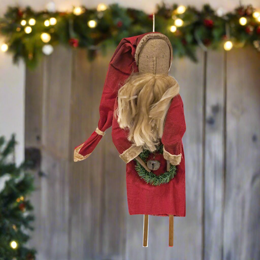 Primitive Christmas Hanging Father Christmas with Wreath Doll  12.75"