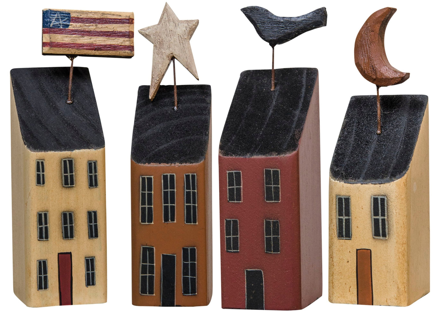 Primitive Rustic Farmhouse 4pc Wood Salt Block House Sitters Crow/Flag/Star