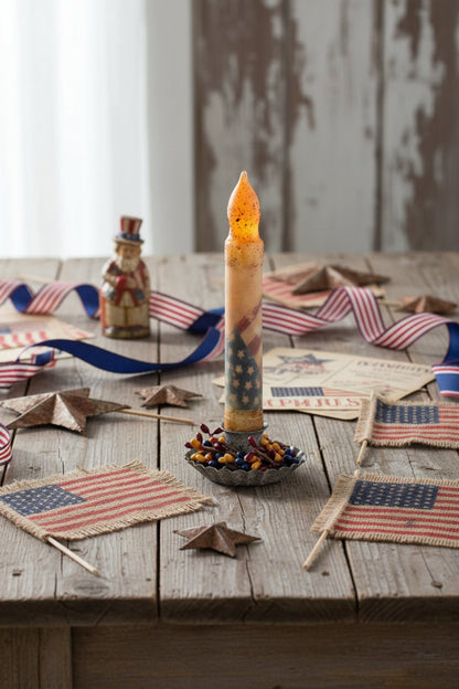 6" Burnt Ivory Vintage American Flag Timer Taper Candle - Primitive Americana LED Decor - The Primitive Pineapple Collection