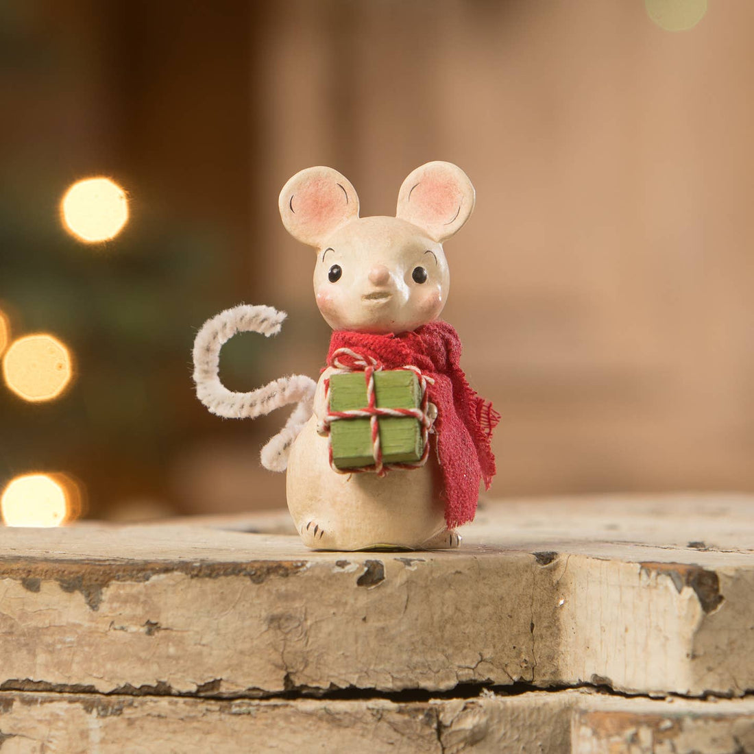 Bethany Lowe Christmas Little Mouse with Gift ML2102 - The Primitive Pineapple Collection