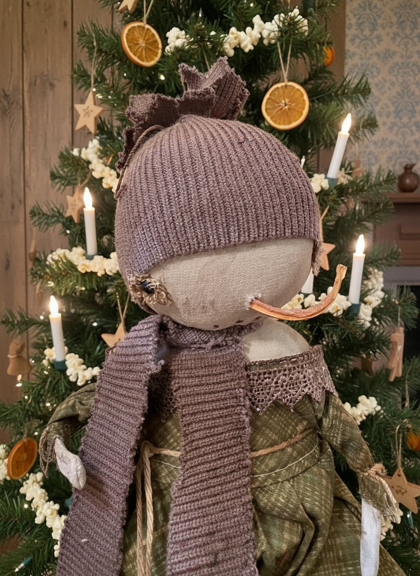 Primitive Christmas Handcrafted Alice Snow Girl Doll w/ Hat 12&quot; - The Primitive Pineapple Collection