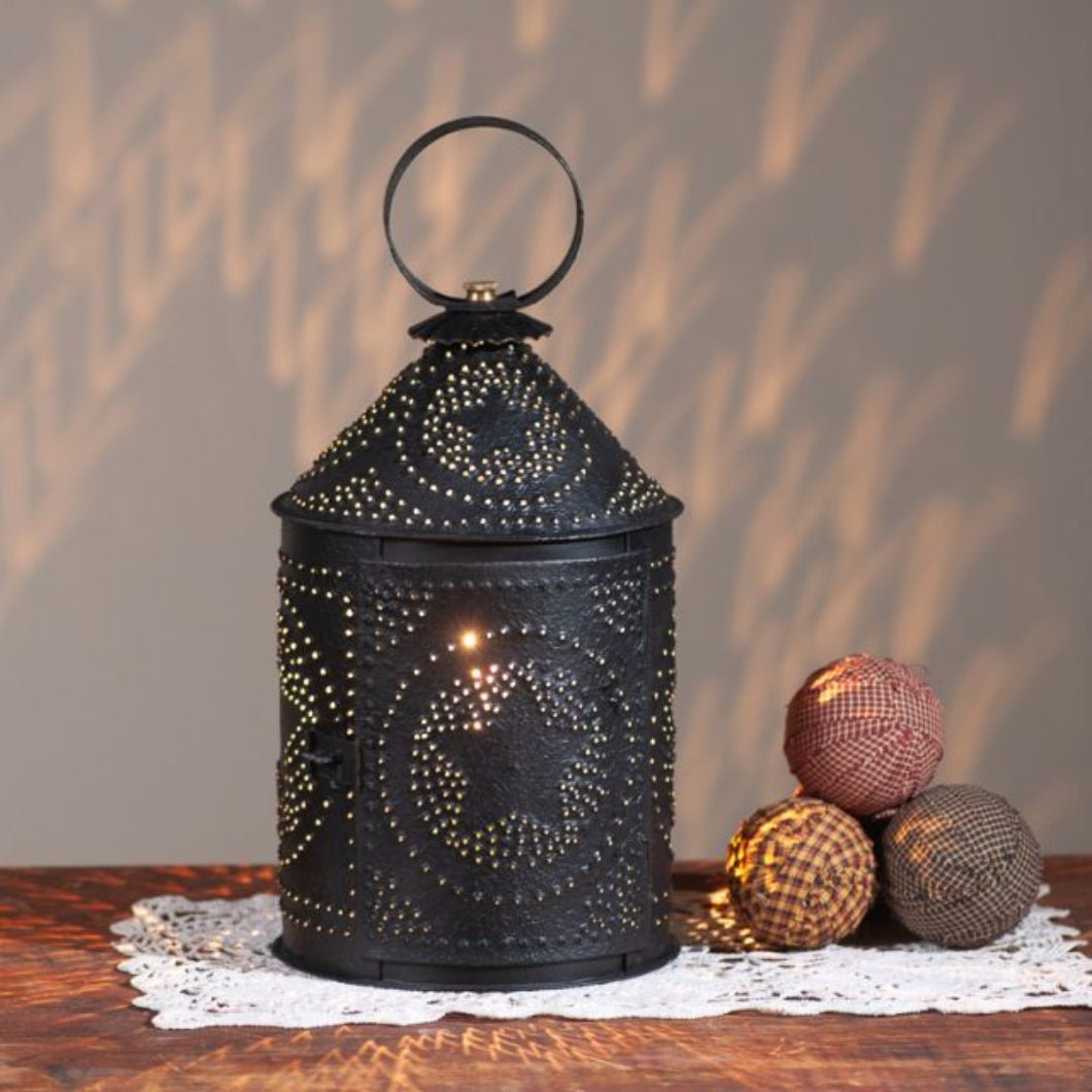 Primitive Colonial Americana Electric Lantern in Textured Black 14&quot; - The Primitive Pineapple Collection