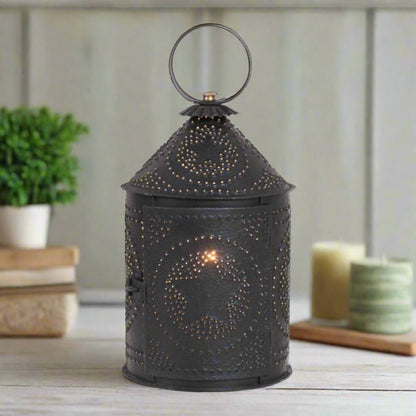 Primitive Colonial Americana Electric Lantern in Textured Black 14&quot; - The Primitive Pineapple Collection
