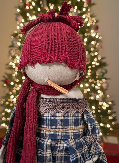 Primitive Christmas Handcrafted April Snow Girl Doll w/ Hat 12&quot; - The Primitive Pineapple Collection