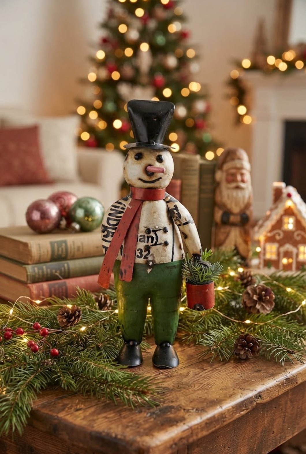 Primitive Christmas 11.50" Recycled Metal Snowman with Red Pail - The Primitive Pineapple Collection