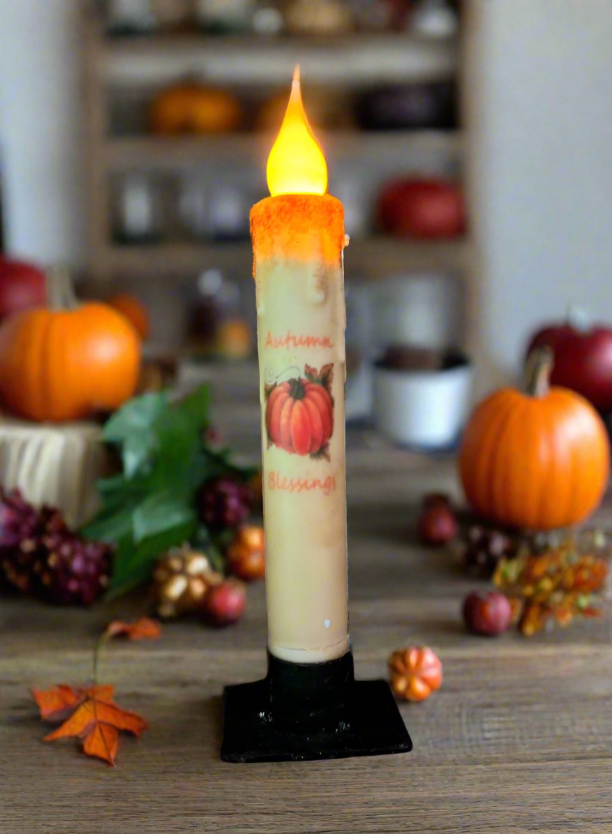 Primitive Handcrafted 7&quot; Autumn Blessings Battery Operated Led Timer Taper Candle