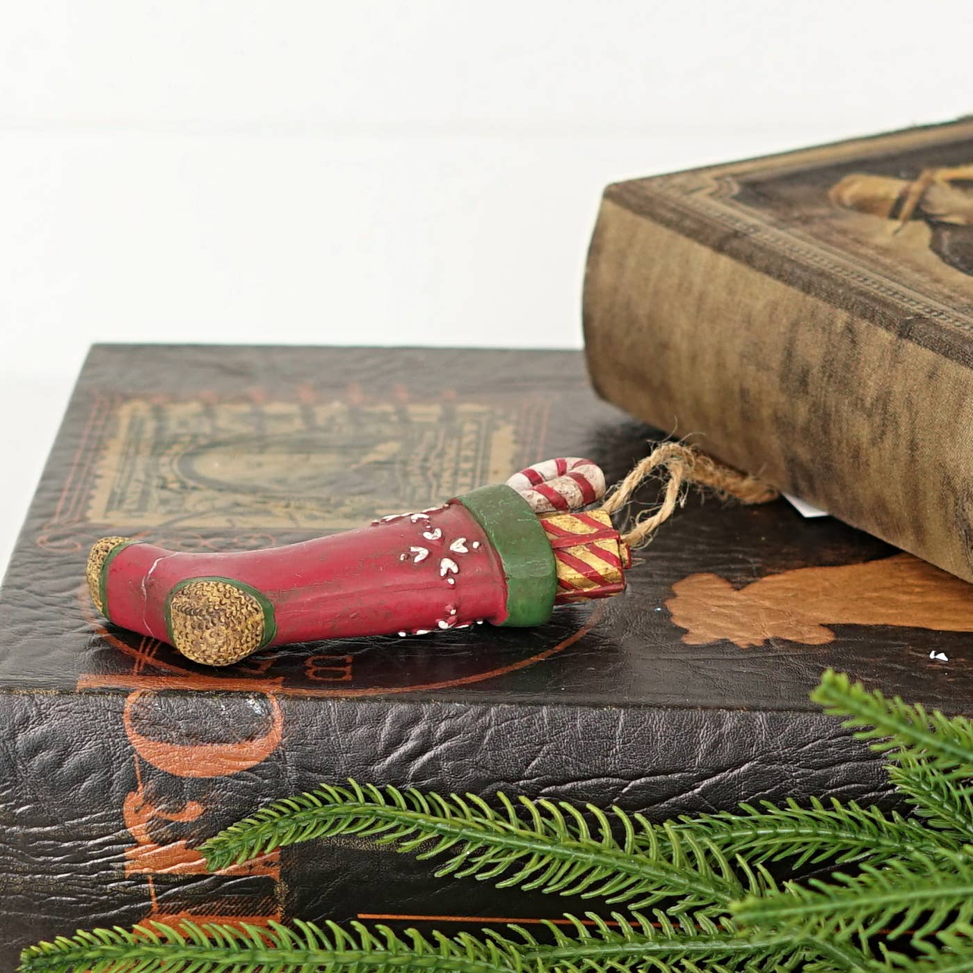 Primitive Christmas Old World Stocking w/ Candy Cane Ornament 4.5&quot; - The Primitive Pineapple Collection