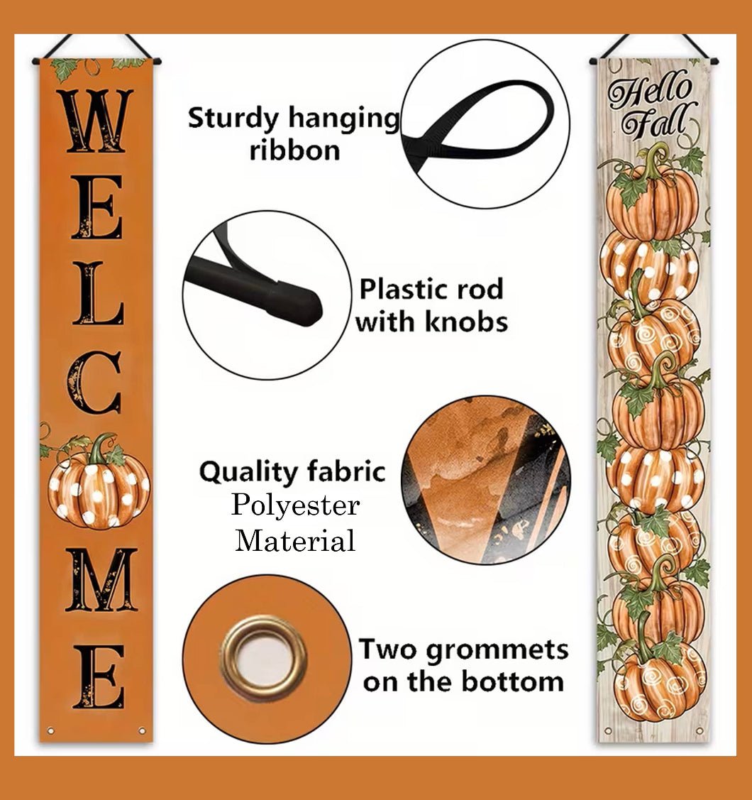 Farmhouse 2pc Hello Fall and Welcome Pumpkin Hanging Banners 70" - The Primitive Pineapple Collection