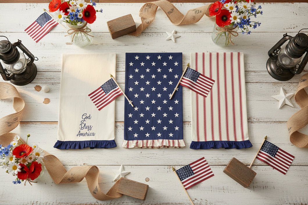 Patriotic Ruffled Tea Towels Set of 3 | Hatteras Stars - The Primitive Pineapple Collection