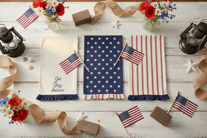 Patriotic Ruffled Tea Towels Set of 3 | Hatteras Stars - The Primitive Pineapple Collection