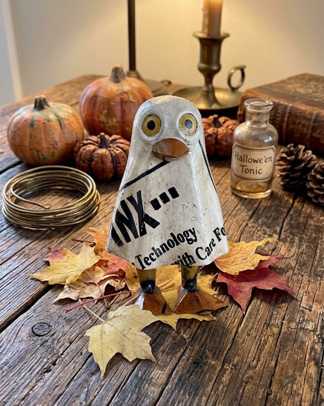 Primitive Halloween Recycled Metal Baby Boo Duck Figurine