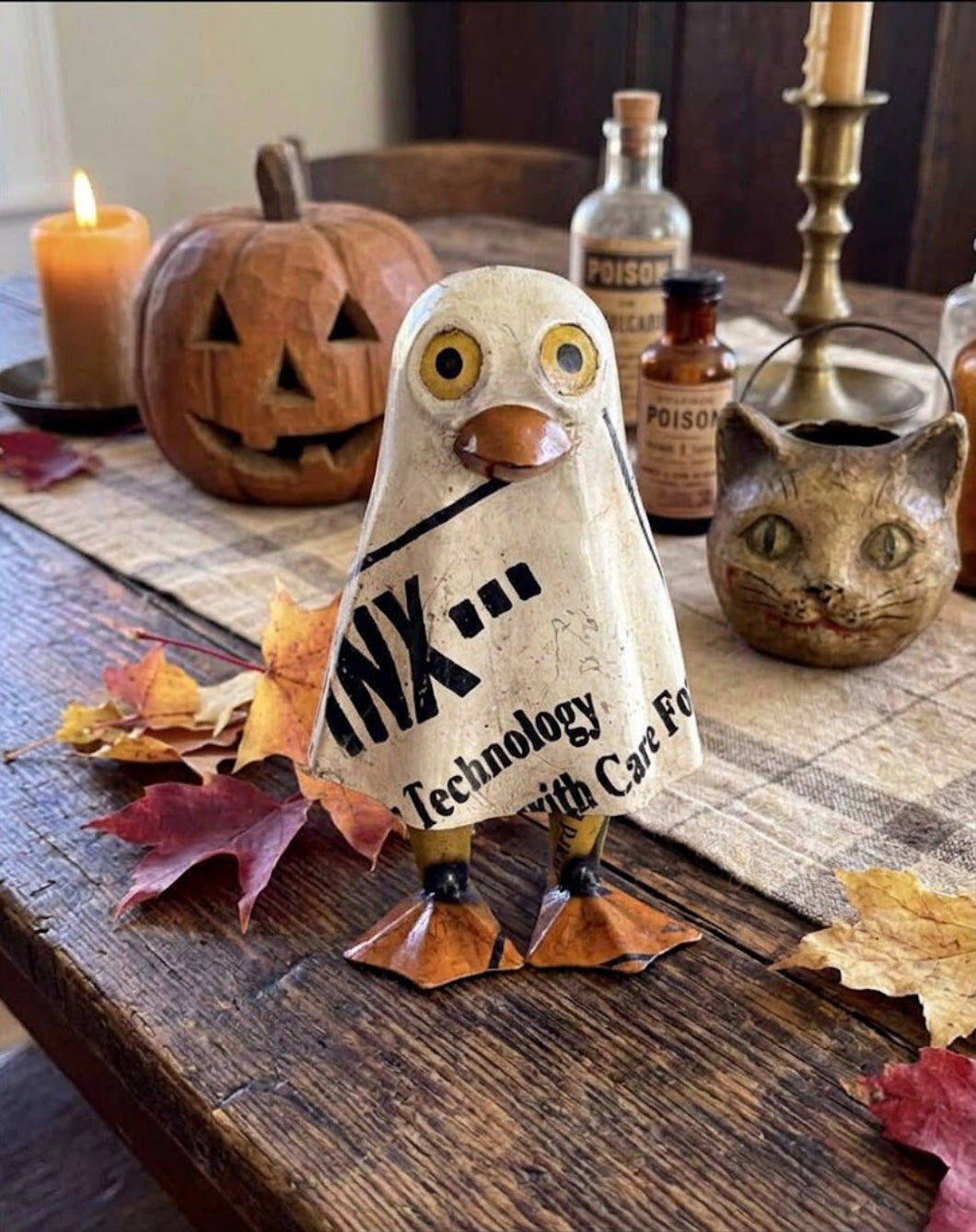 Primitive Halloween Recycled Metal Baby Boo Duck Figurine