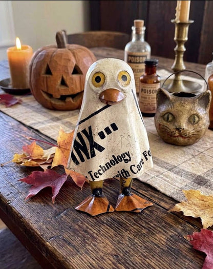Primitive Halloween Recycled Metal Baby Boo Duck Figurine