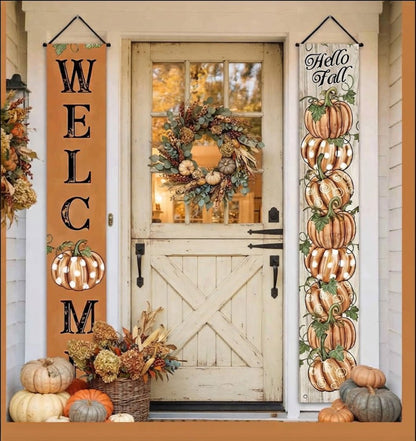 Farmhouse 2pc Hello Fall and Welcome Pumpkin Hanging Banners 70" - The Primitive Pineapple Collection