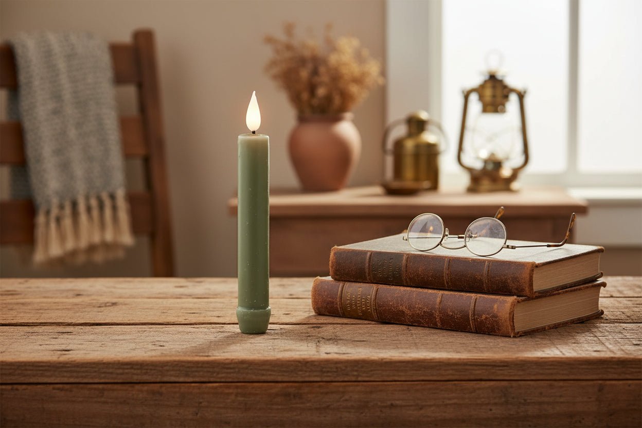 Primitive 6.25" Sage Green LED Taper Candle w/ Timer - The Primitive Pineapple Collection