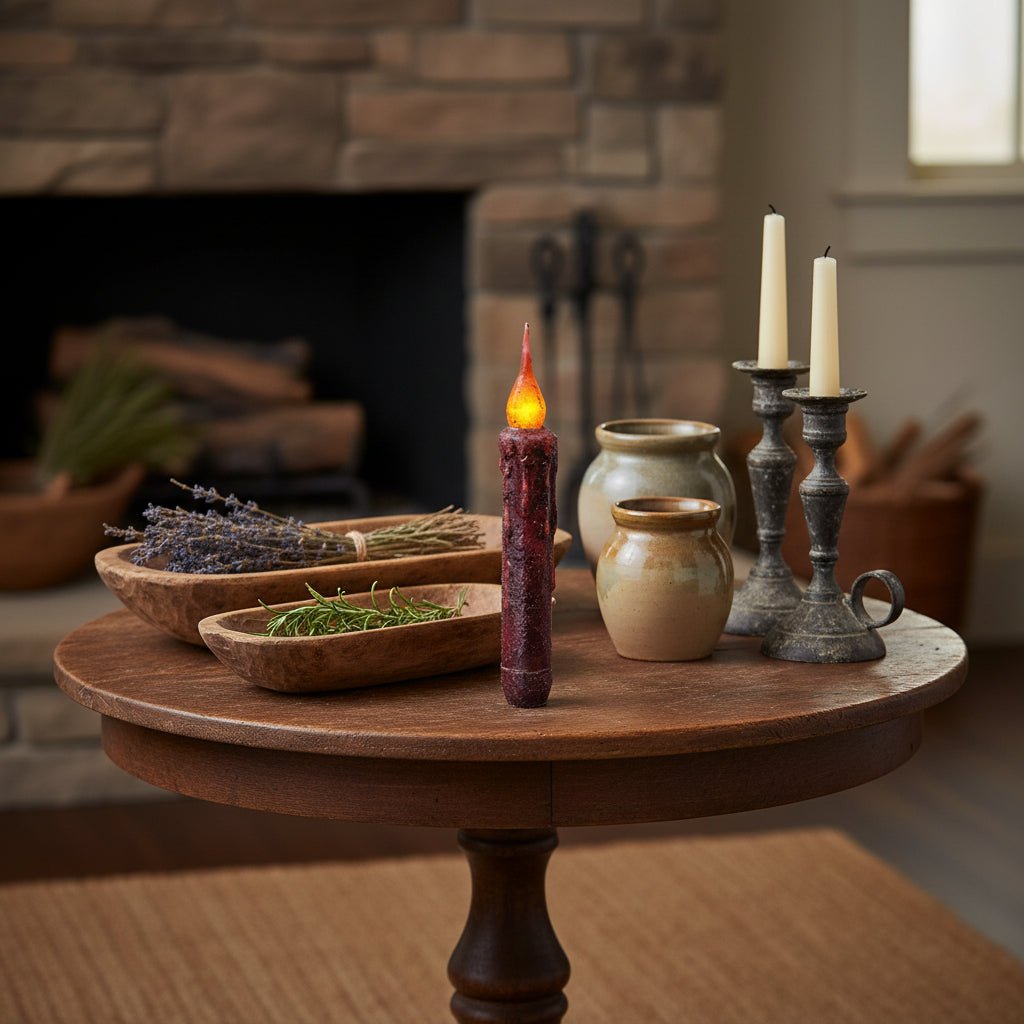 Primitive/Country Grubby Twisted Flame Timer Taper Burgundy 6" - The Primitive Pineapple Collection