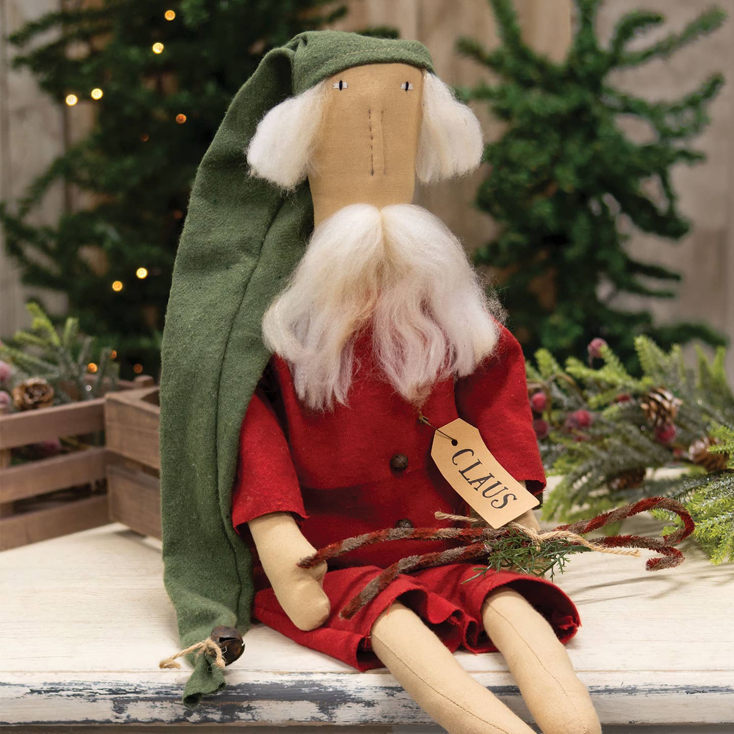 Primitive Christmas Rustic Winter Nap Santa Doll W/ Candy Canes 24&quot;