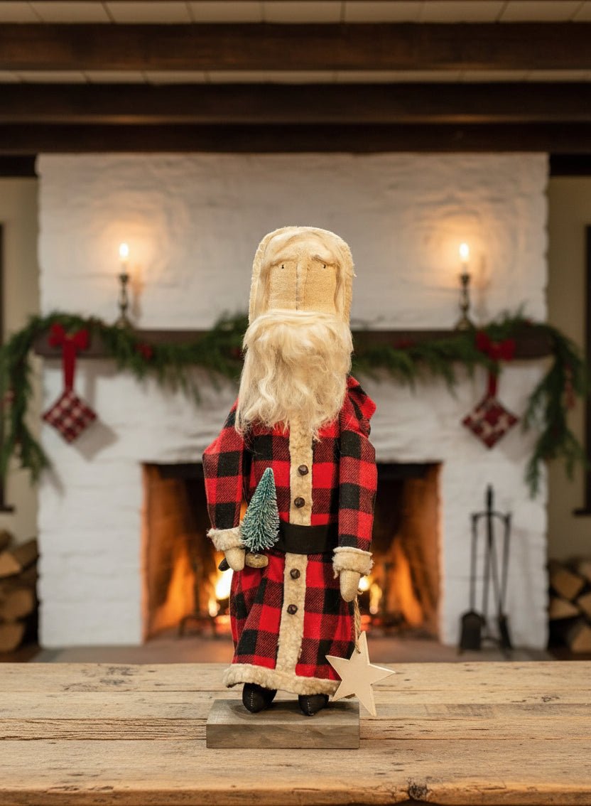 Christmas Farmhouse Buffalo Check Santa on Base - The Primitive Pineapple Collection