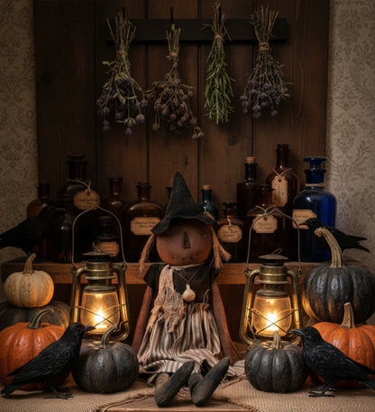 Primitive Handcrafted Halloween 28" Beatrice Witch Doll w/ Gourd