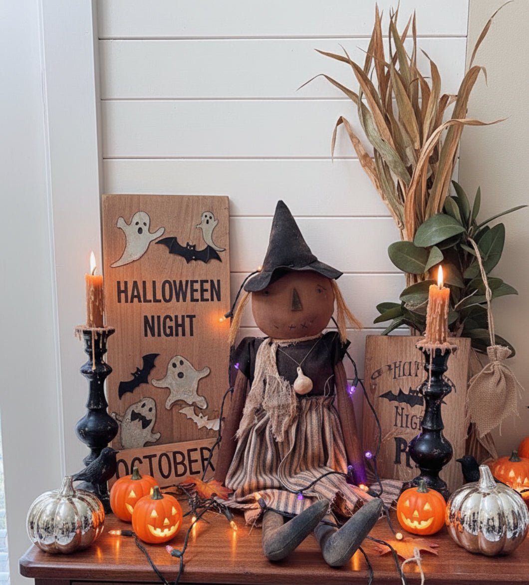 Primitive Handcrafted Halloween 28" Beatrice Witch Doll w/ Gourd - The Primitive Pineapple Collection