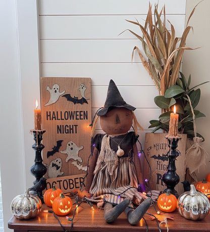 Primitive Handcrafted Halloween 28" Beatrice Witch Doll w/ Gourd
