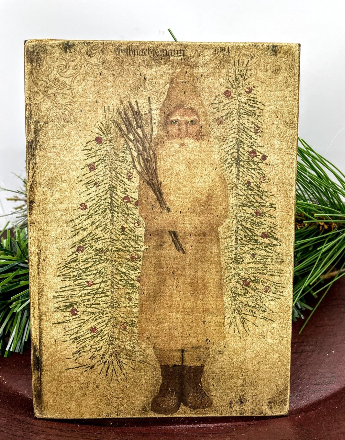 Christmas Handmade Vintage Postcard 5”x7 Canvas Plaque Yellow Belsnickle Santa - The Primitive Pineapple Collection