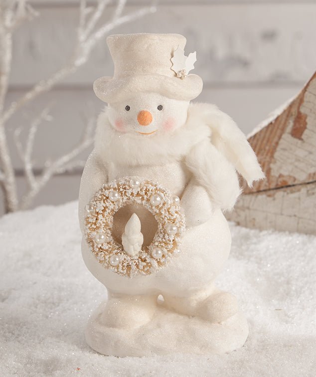 Bethany Lowe Christmas Winter White Snowman with Wreath MA2083 - The Primitive Pineapple Collection