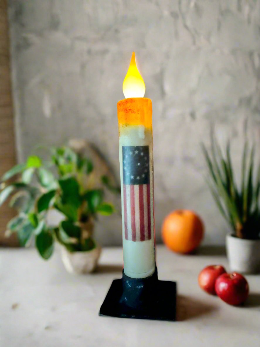 Primitive Handcrafted Patriotic 7&quot; Betsy Ross Flag Battery Operated Led Timer Taper Candle