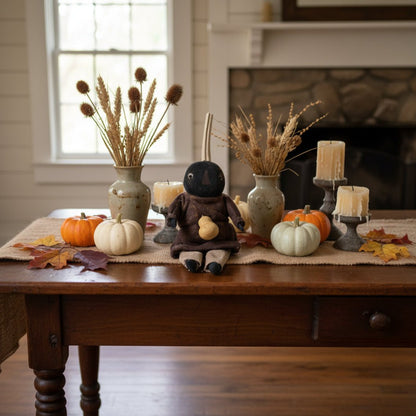 Primitive Handcrafted USA Small Black Pumpkin Boy Doll w/ Gourd 9"