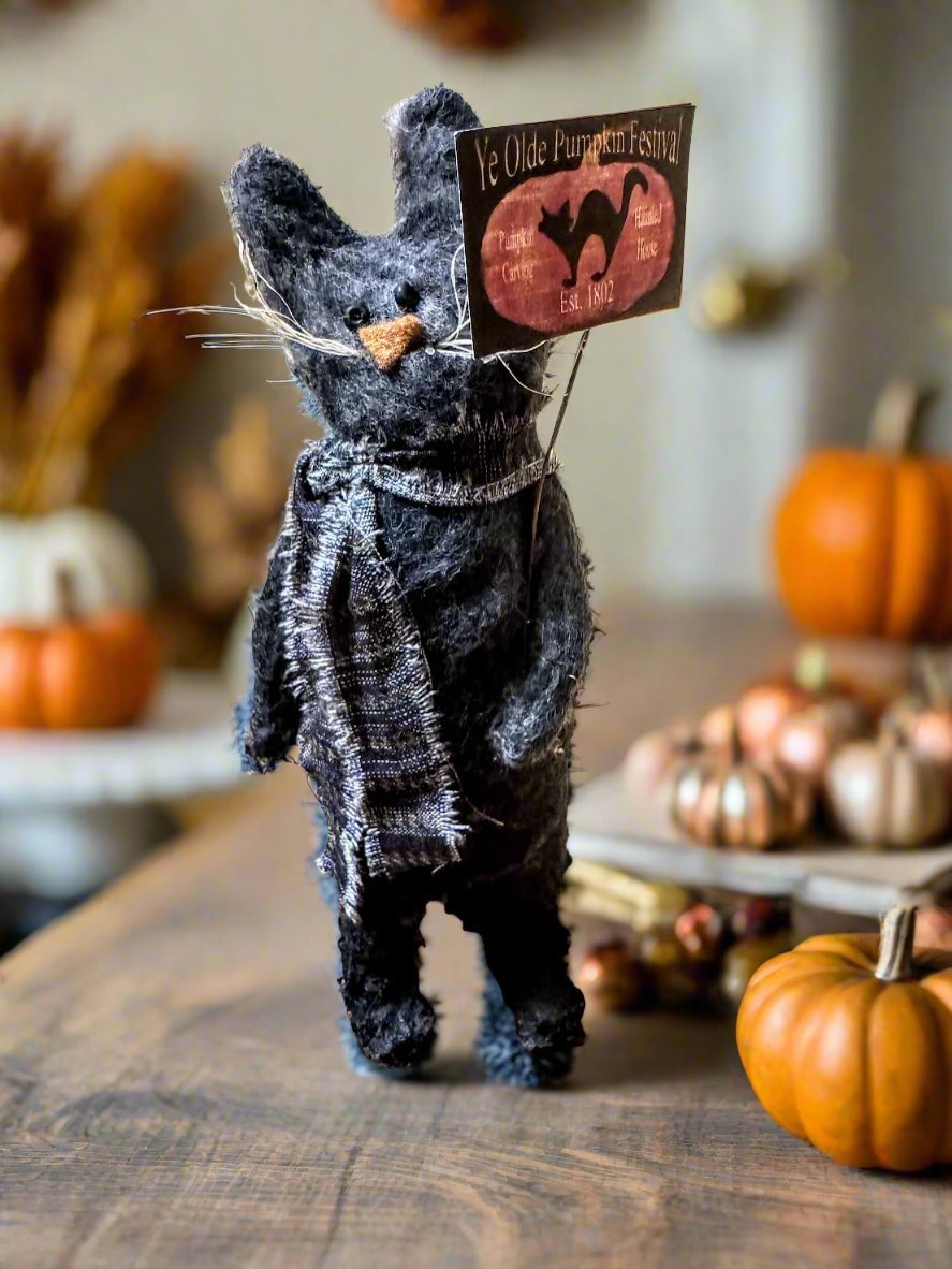 Primitive Handcrafted USA Halloween 7.5” Standing Black Cat w/Sign - The Primitive Pineapple Collection