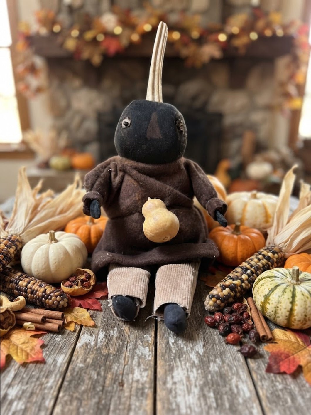 Primitive Handcrafted USA Small Black Pumpkin Boy Doll w/ Gourd 9"